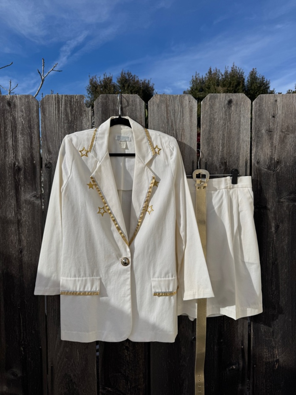 Vintage 3 Piece Matching Set White Blazer with Gold Star Trim Shorts and Belt